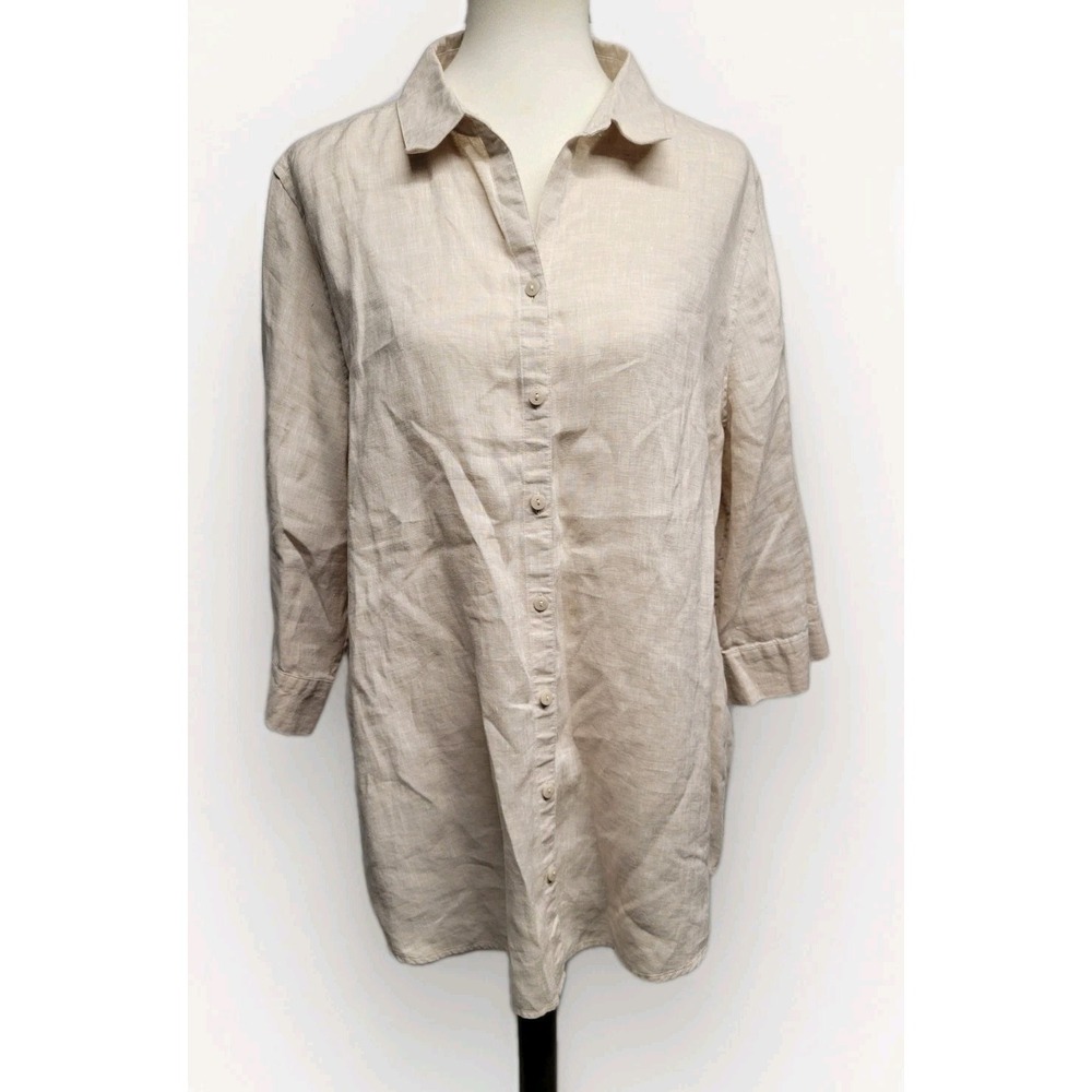 Chico's No Iron Linen Tunic Button Up Shirt Sz 3/ XL Lagenlook Oatmeal Pristine